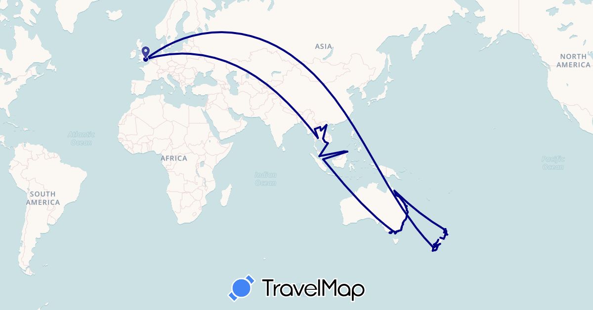 TravelMap itinerary: driving in Australia, United Kingdom, Cambodia, Laos, Malaysia, New Zealand, Singapore, Thailand, Vietnam (Asia, Europe, Oceania)